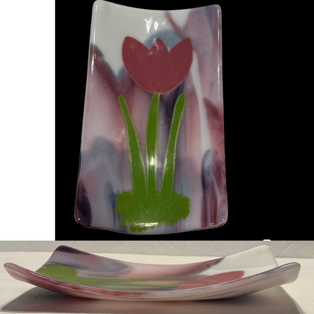 Artisan Fused art glass plate, dish, spoon rest Tulip Flower Floral Marbled